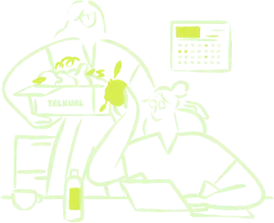 Dos personas con una caja de productos y un ordenador